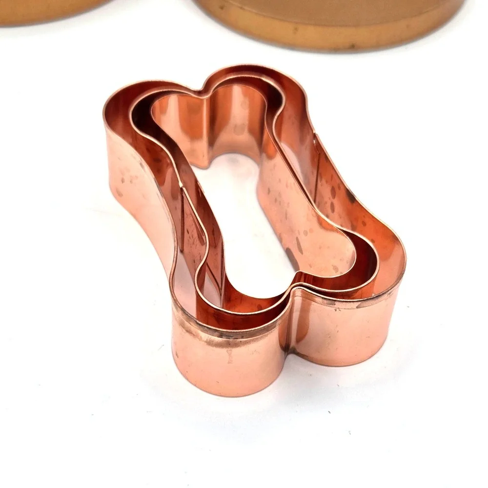 Copper Plated Dog Bone Cookie Cutter Set 3 Sizes Storage Tin